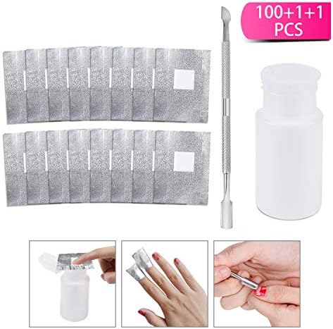 Gel Nail Polish Remover Set 100 Pcs Acrylic Nails Aluminum Foils Wraps Pads &1 Pcs Cuticle Pusher Peeler & 1Pcs Push Down Pump Bottle Dispenser