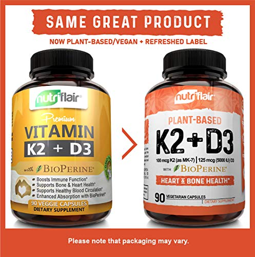 NutriFlair Vitamin K2 (MK7) with D3 5000 IU Supplement with BioPerine (Black Pepper) for Immune System Support, Strong Bones and Heart Health (90 Tiny Easy to Swallow Vegetable Capsules)