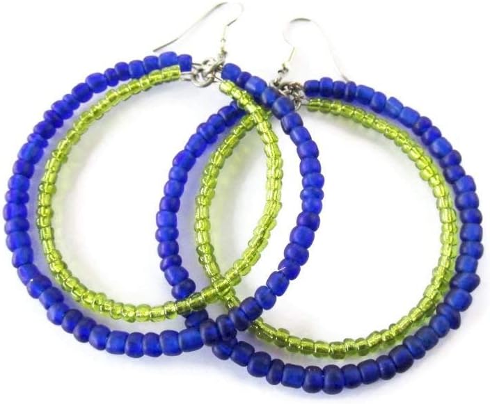 Hoop Earrings, Double Green and Blue Beaded Hoops, Funky Modern Earrings