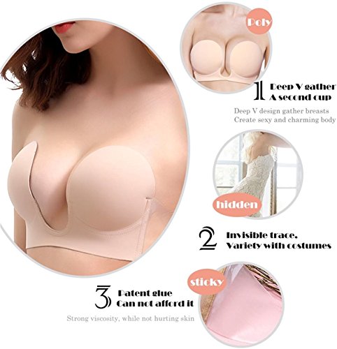VeMee Strapless Bra U Plunge Push Up Self Adhesive Silicone Reusable Bra for Women