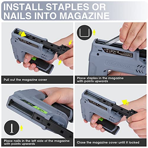 WORKPRO - Cordless Stapler (3.6V, 2000mAh, 2000 Staples, 2 in 1 Multifunction Stapler, Compatible with Type 53 Nails and Staples 8 for DIY Furniture Projects, Woodworking (Grey) | Multifunction Stapler Compatible with Nails and Staples Type 53/8 for DIY, Furniture and Carpentry