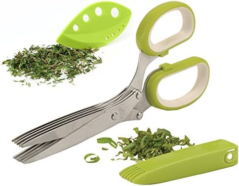 Herb Scissors a Culinary Stainless Steel 5 Blade Multipurpose Kitchen Shear it Chops, Snips, Cuts with Cover &amp; Cleaning Comb Plus a Bonus Kale &amp; Herb Stripping Tool, by Quebba Designs