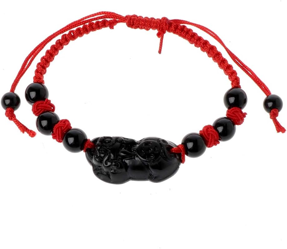 GET Fresh Obsidian Stone Pixiu Kabbalah Red String Bracelet Attract Wealth Good Luck Obsidian red rope bracelet