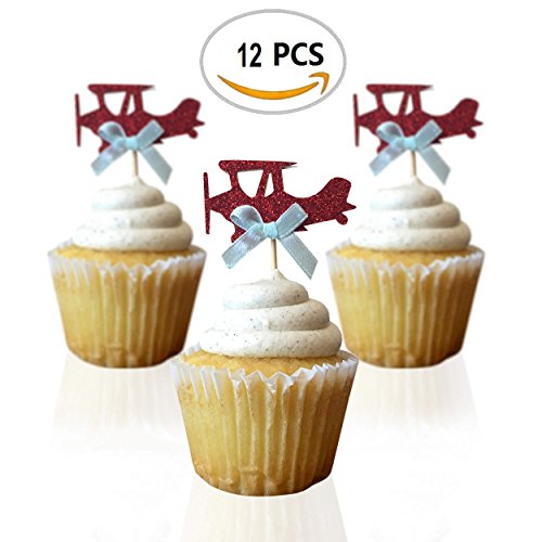 Airplane cupcake toppers - double sided for 1st birthday party boy baby shower cake decorations graduation anniversary wedding child bake events red glitter vintage planes unisex toy fiesta 12 CT