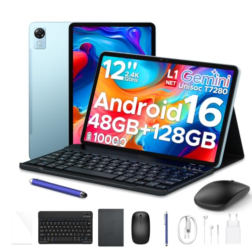 P12 Tablet 12 Inch 2.4 K Android Tablet 16,120Hz,48GB+128GB/2TB TF,Blue | FHD,10000mAh/Fast Charge 18W,OTG, T7280 Octa-Core,2.2GHz,Gemini AI/WidevineL1/WiFi5,Keyboard,Pen,Ultrathin Metal