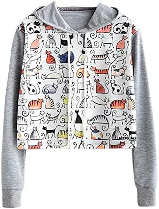 DMZ Women's Long Sleeve Cut Cat Print Hooded Fashion Sweatshirt Top Blouse (L, Grey)