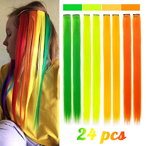 24 Pieces Party Highlights Clip in Colored Hair Extensions for Kids Colorful Hair Extensions 20 inches Straight Synthetic Hairpieces Multi-Colors Hair
