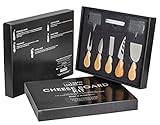 Cheese Knife And Marker Set, 5 Cutlery Knives Stainless Steel Bamboo Handles, 4 Cheese Board Labels Made Of Natural Black Slate Includes 2-Chalk Markers. Gift For All Occasions By House Ur Home