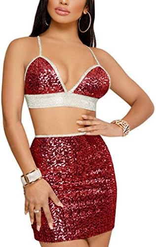 Olaron Women Sequin 2 Pieces Outfit Sets Bikini Crop Tops Bodycon Short Mini Party Skirt Dress Wine Red XLarge