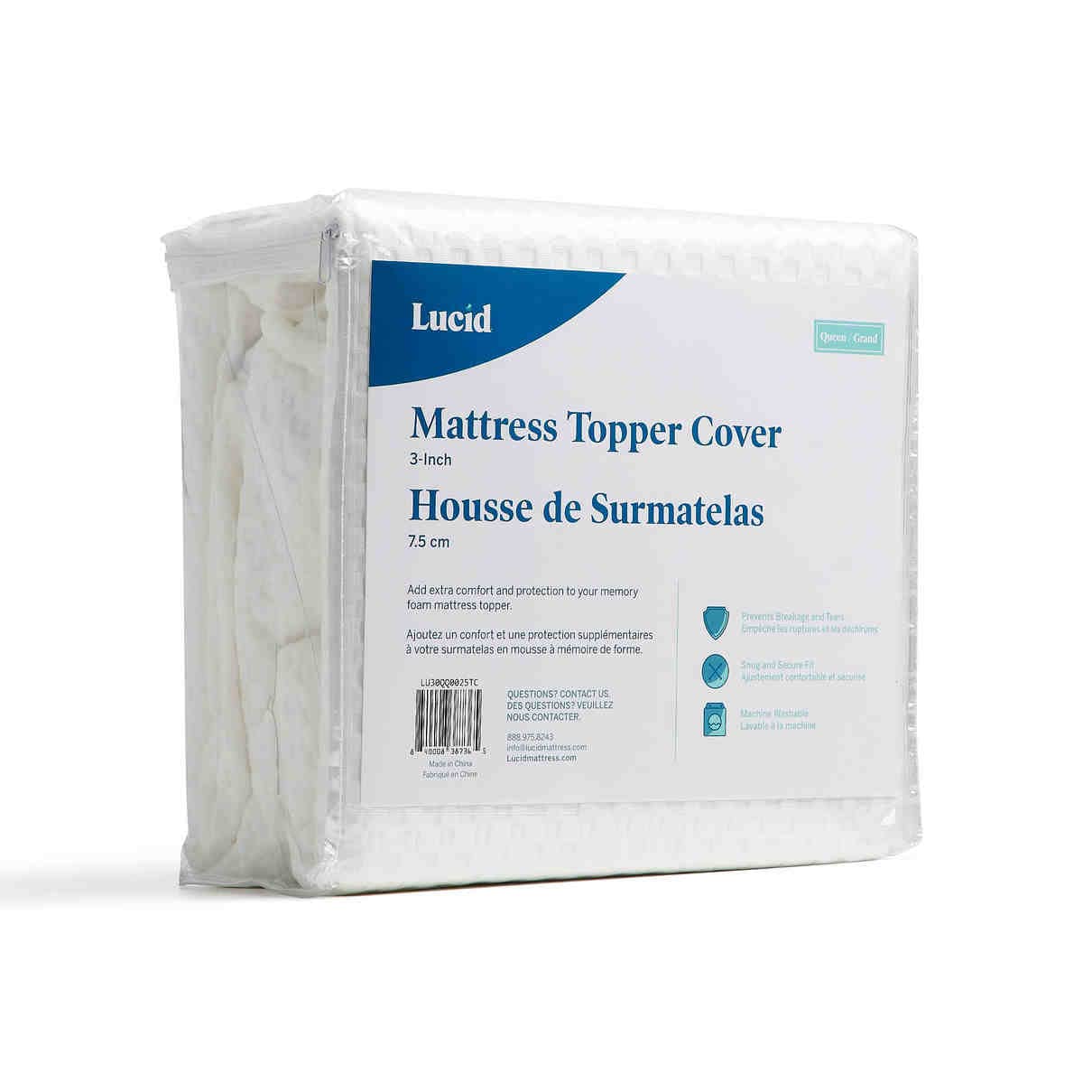 LUCID Mattress Topper Cover – Soft and Breathable – Machine Washable – Non–Slip (Topper Not Included) – King Size (150 x 200 cm), 7.5 cm