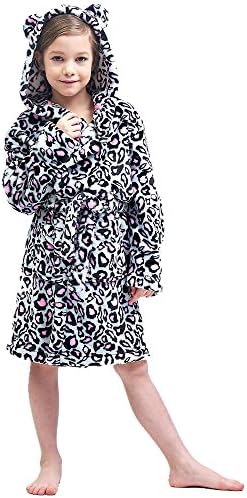 Boys & Girls Bathrobes, Plush Soft Coral Fleece Floral Hooded Sleepwear for Kids