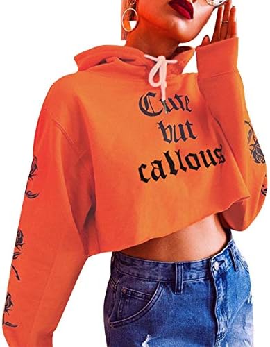 Jxtujnsawu Cute But Callous Letter Print Cropped Hoodie Women Long Sleeve Hooded Sweatshirt