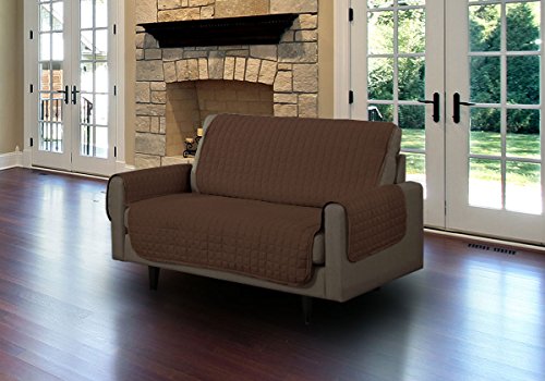 Linen Store Quilted Microsuede Pet Dog Couch Furniture Protector Cover With Tucks, Brown, Loveseat - Thumbnail 3
