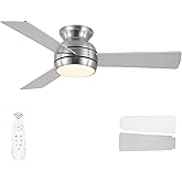 putroad 42 Inch Ceiling Fans with Lights and Remote, Brushed Nickel Low Profile Ceiling Fan with Light, Flush Mount, Reversible, 6 Speeds, 3CCT Dimmable, Bedroom Indoor/Covered Patios Use