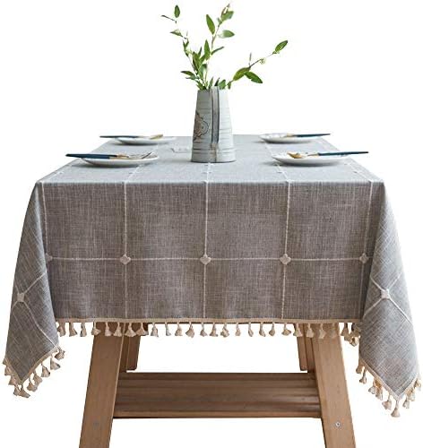 VIMOO Embroidery Lattice Tassel Tablecloth Cotton Linen Checked Washable Table Cover, Kitchen Wedding Restaurant Party Picnic Use (Rectangle,55x102 inch, Gray Lattice)