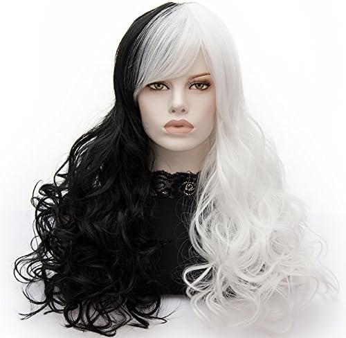 ATAYOU® 2 Tones Chic Long Curly Cosplay Synthetic Wig for Women with Bangs (Half Black and Half White)