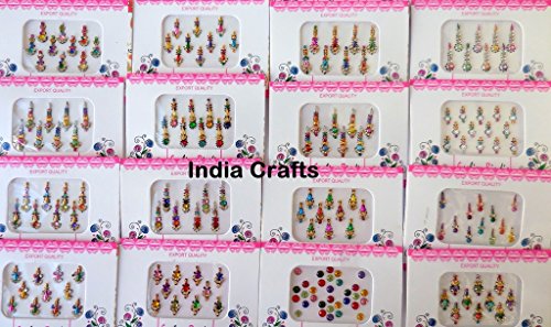 India Crafts 6 Packs- 60 Multicolored long Bindis Forehead Tika Face Jewels
