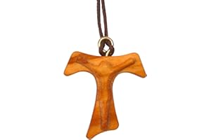 Nazareth Fair Trade Olive Wood Franciscan Tau Cross Pendant with Sacred Silhouette of Jesus Handmade in the Holy Land - Religious Jewelry, 2.5x1.5 cm