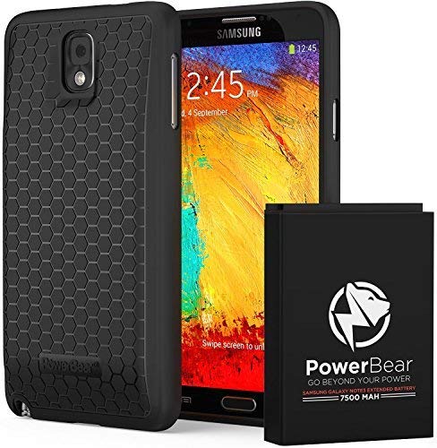 PowerBear Samsung Galaxy Note 3 [Extended Series] - 7500mAh Extended Battery with Bare Black Back Lid Cover - Compatible with N9000, N9005 LTE, N900T (T-Mobile), N900P (Sprint), N900A (AT&T) & N900V (Verizon) - 2.5x More Power