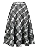 IDEALSANXUN Womens High Elastic Waist Maxi Skirt A-line Plaid Winter Warm Flare Long Skirt (Medium, Grey)