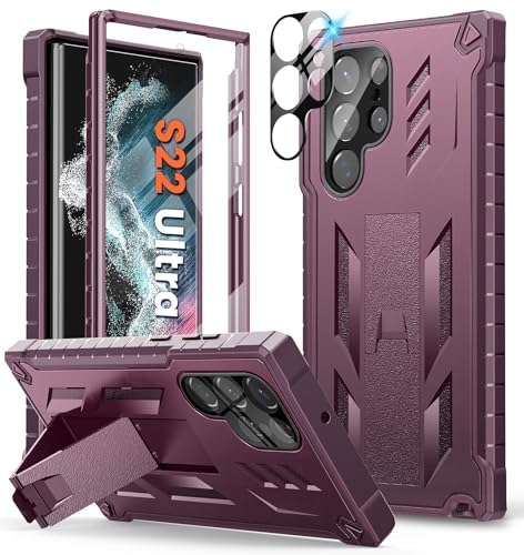 FNTCASE for Samsung Galaxy S22 Ultra Case: Built-in Screen Protector&Kickstand Full-Body Dual Layer Rugged Military Grade Shockproof Protection Heavy Duty Protective Phone Cover 5G-Wine Red