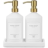 Gold Soap Dispenser Set, Glass Hand and Dish Soap Dispenser Set with Tray,Stainless Pump,14 Stickers for Kitchen,Bathroom Soap and Lotion Dispenser,Modern Counter Decor (White Bottle/Gold Pump)