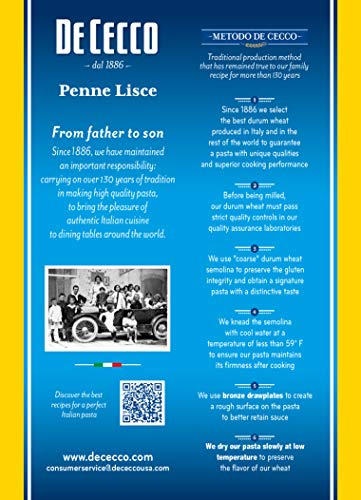 DE CECCO PENNE RIGATE NO. 41 PASTA, 16 OZ, AUTHENTIC, SLOW DRIED, MADE WITH DURUM WHEAT, VERSATILE PASTA FOR SAUCES & RECIPES, MADE IN ITALY