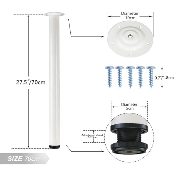 QLLY 27.5 INCH / 70CM ADJUSTABLE TALL METAL DESK LEGS, OFFICE TABLE FURNITURE LEG SET, SET OF 4 (70CM, WHITE)