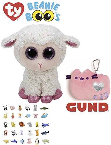 Stuffed Animal Plush Beanie Boo Bundle 1 Medium Sized (9-in) Lamb and 1 Pink or Purple Colored Cat ID Case with One Bonus Animal Eraser