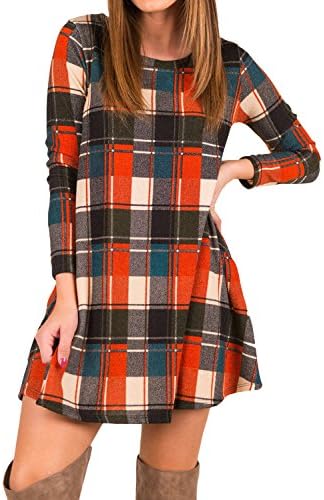 Mesitelin Women Long Sleeve Plaid Tunic Dress Casual Swing T Shirt Dress With Pockets(M,Orange)