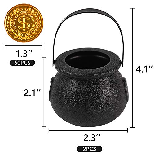 FUTUREPLUSX Mini Black Candy Cauldron Kettles, 2PCS Plastic Candy Kettles Party Decoration Supplies for Halloween with 50 Plastic Gold Coins