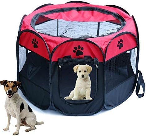 Portable Foldable Pet Playpen,Pet Puppy Dog Playpen Exercise Pen Kennel,Removable Mesh Shade Cover, dog pop up silhouettes pet pen (35.8" x 35.8" x 22.8", red)