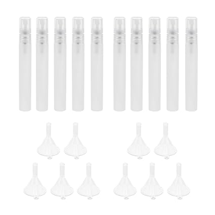 Phenovo 10pcs Plastic Mini Bottle Filling Perfumes Essential Oils Science Laboratory Chemicals Funnels + 10pcs Spray Bottles - Transparent, 10 ML