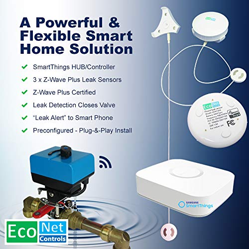 Econet Controls EVC200-HCSML-SSK3 No Plumbing Required Smart Home Valve Kit, Bulldog Valve Robot Bundle with SmartThings Hub and 3 Water Leak Sensors, Z-Wave Water Valve, for 1/2", 3/4" & 1" Valves