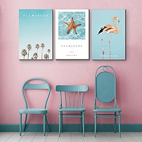 3 Panel Canvas Wall Art - Flamingo Triptych Series | Beachside Starfish and Flamingo - Giclee Print Gallery Wrap Modern Home Art Ready to Hang - 16"x24" x 3 Panels