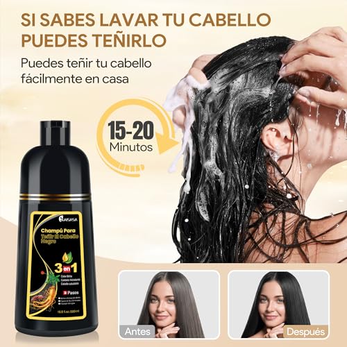 Black Hair Dye Shampoo 3 in 1, Shampoo para Canas con Tinte, Champú para Teñir el Cabello Negro, Champú Tinte Cubre Canas para Mujer y Hombres (500ML)