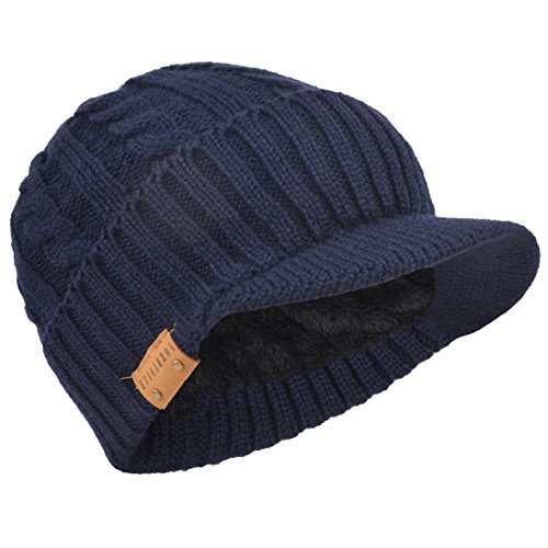 Retro Newsboy Knitted Hat with Visor Bill Winter Warm Hat for Men (Cable-Navy)
