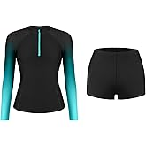 ATTRACO Women Rash Guard Long Sleeve Swim Shirt and Shorts Set SPF Quick Dry 2 Piece Bathing Suit