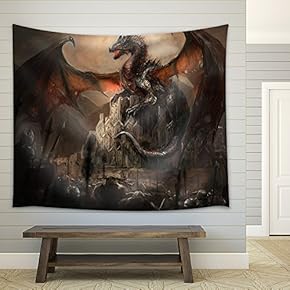 War with The Dragon on Castle - Fabric Wall Tapestry Home Decor - 51x60 inches
