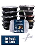 Green Bento 34-Ounce 2 Compartment Plastic Food Storage Containers with Lid (Pack of 10 Containers, 10 Forks)