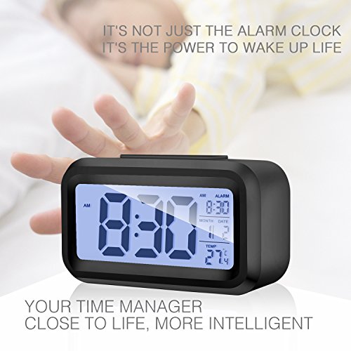 Alarm Clock Digital LCD Large Display Battery Operated Portable Modern Smart Snooze Silent Backlight Senor Date Time Temperature Clock for Heavy Sleepers Bedroom Kitchen Office Travel (black) - Thumbnail 2