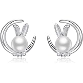 SLUYNZ 925 Sterling Silver Easter Rabbit Bunny Stud Earrings for Women Teens Pearl Moon Rabbit Earrings Studs