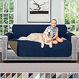 Sofa Shield Original Patent Pending Reversible Small Sofa Protector for Seat Width up to 62 Inch, Furniture Slipcover, 2 Inch Strap, Couch Slip Cover Throw for Pets, Kids, Cats, Sofa, Navy Sand
