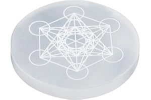 ANAYA AGATE Selenite Charging Plate with Metatron Cube Design - 4" Engraved Healing Crystal Charger | Round Disc Coaster for 