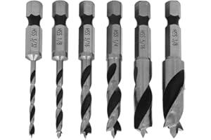 Bestgle 6 Pcs Brad Point Drill Bits, 1/4 Inch Hex Shank HSS Spiral Twist Drill Bit Set for Soft, Hard, Veneered, Laminated Wo