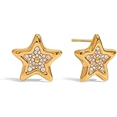 Chunky CZ Star Big Stud Earrings for Women Stainless Steel 18k Gold Plated Dainty Crystal Cubic Zirconia Statement Studs Sensitive Ears Lightweight Hypoallergenic Fashion Trendy Jewelry