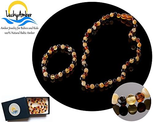 PREMIUM Natural Baltic Amber Baby Teething Necklace and Anklet Gift Set (12.5", 6") - Hand crafted,Lab-Tested, Authentic - Pain, discomfort, fussiness, drooling relief (6-inch Anklet Set, Multi-color)