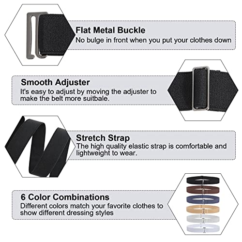 6 Pieces Invisible No Show women Belt Stretch Elastic Adjustable with Flat Buckle for Jeans Pants Dresses