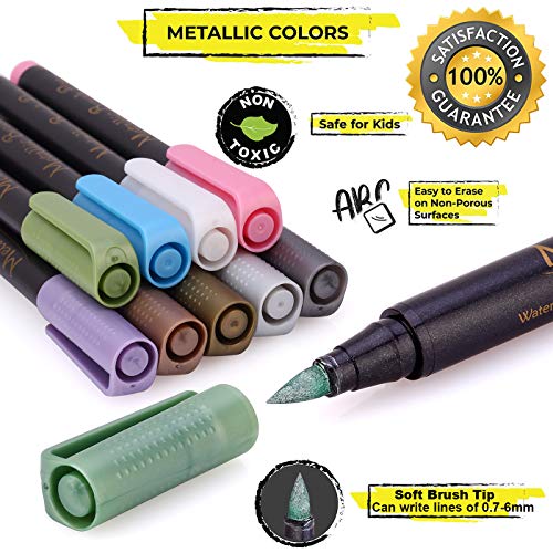 Metallic Marker Pens, Metallic Paint Art Markers Pen Set, for Black Paper, Rock Painting, Calligraphy, Lettering, Scrapbooking, Card Making, Halloween Pumpkin Gift, Set of 10 Colors(Brush Tip)