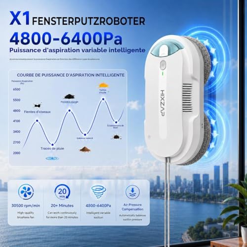 HIXZAP X1 Robot Window Cleaner with Two-Way Ultrasonic Spray | 4800-6400pa Double Propeller, 85ml Tank, Edge Detection, Smart Navigation, for Windows and Mirrors (White)
